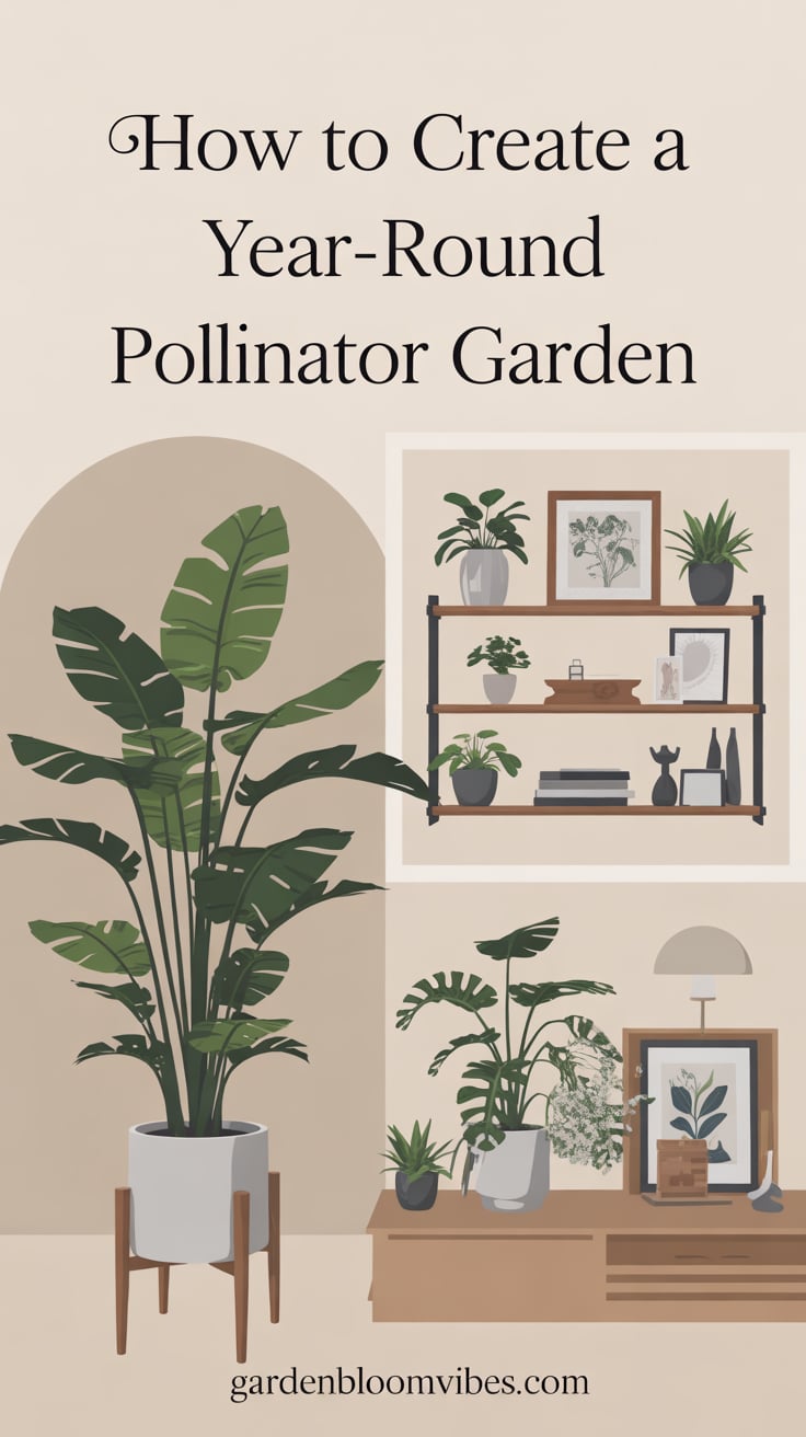 cottagecore chic, digital illustration, cozy mood. Show modern indoor plant styling with elegant minimal backgrounds. Incorporate the phrase 'How to create a year-round pollinator garden (Remix)' in elegant script, plus gardenbloomvibes.com subtly visible.