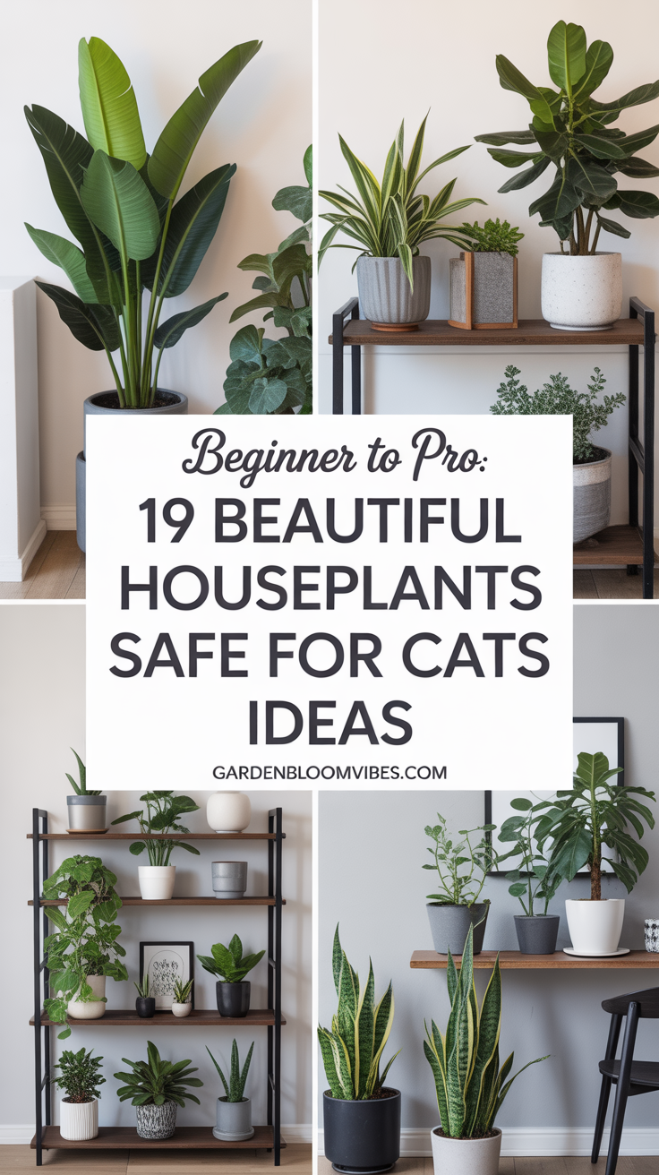 modern flat-lay, comic panel, bright mood. Show modern indoor plant styling with elegant minimal backgrounds. Incorporate the phrase 'Beginner to Pro: 19 Beautiful Houseplants Safe for Cats Ideas' in elegant script, plus gardenbloomvibes.com subtly visible.