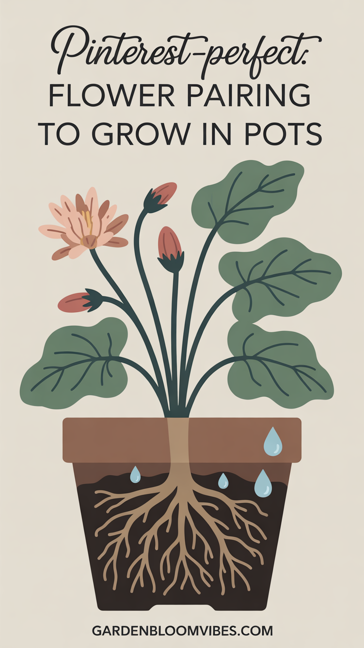 cottagecore chic, digital illustration, cozy mood. Show botanical art with leaves, roots, and droplets of water. Incorporate the phrase 'Pinterest-Perfect: flower pairing to grow in pots' in elegant script, plus gardenbloomvibes.com subtly visible.